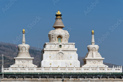 Amazing Religious architecture of Stupas inside the Tibetan Buddhist monasteries at the Kumbum Monastery at Xining, China.