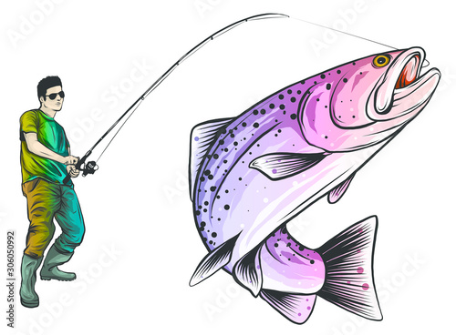 Fishing design for vector. A fisherman catches a boat on a wave.