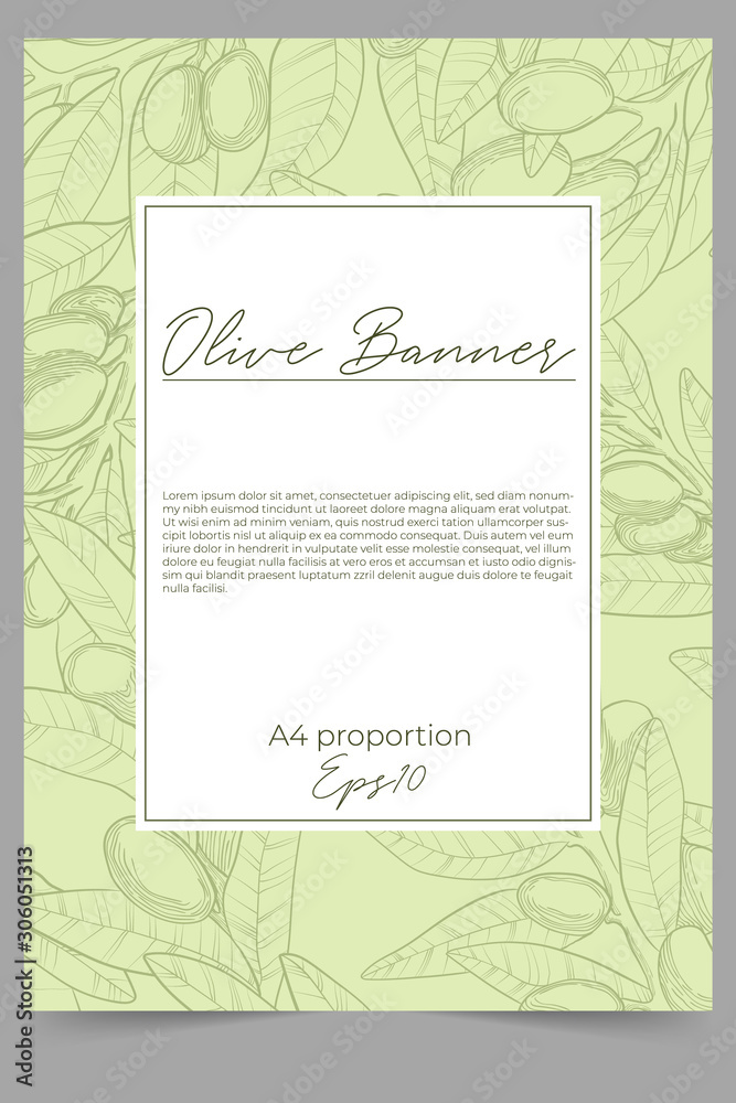 Vector vertical banner template with olive tree twig in linocut style and copy space for text. Background with hand drawn olives branch, leaves and berry in line art style. Natural oil concept. Vector vertical banner template with olive tree twig in linocut style and copy space for text. Background with hand drawn olives branch, leaves and berry in line art style. Natural oil concept.