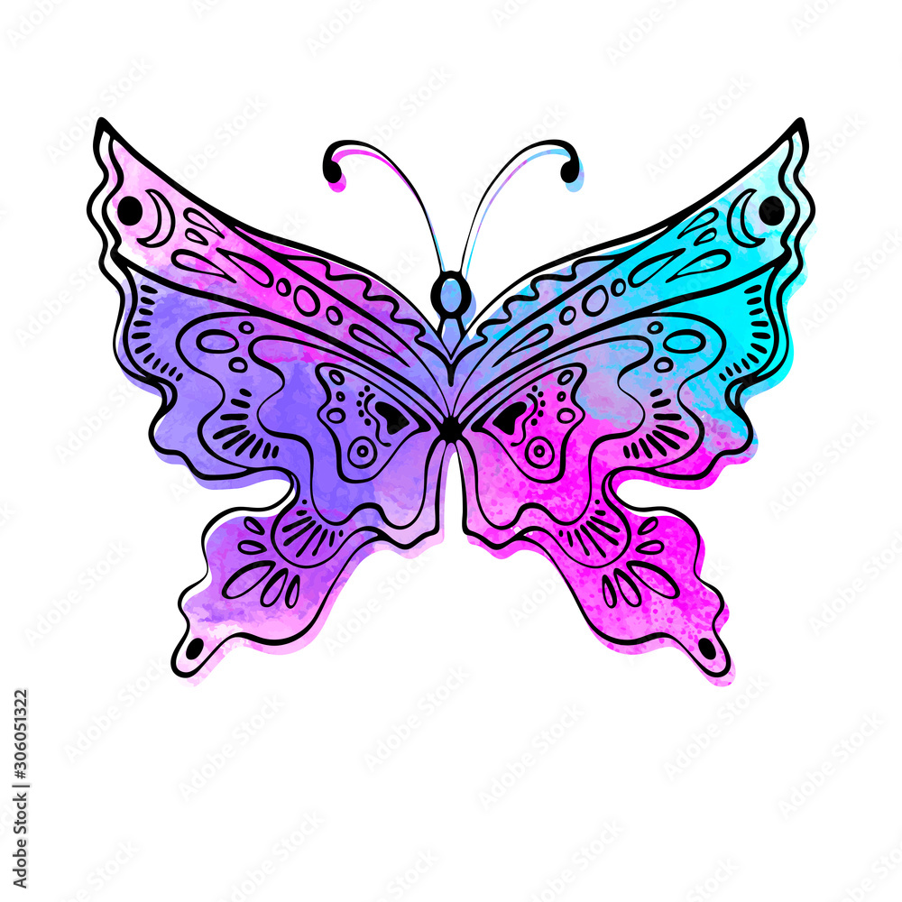 Boho style. Butterfly grunge images for design. Black line sketch on texture watercolor background. Vector illustration Boho style. Butterfly grunge images for design. Black line sketch on texture watercolor background. Vector illustration