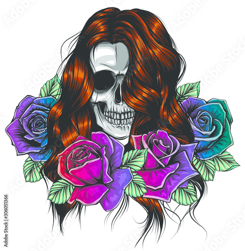 Girl with skeleton make up hand drawn vector sketch. Santa muerte woman witch portrait stock illustration