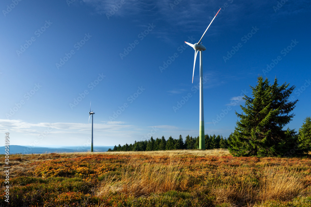 Wind turbines in autumn mountain landscape with golden dry grass and red-colored blueberry bushes Wind turbines in autumn mountain landscape with golden dry grass and red-colored blueberry bushes