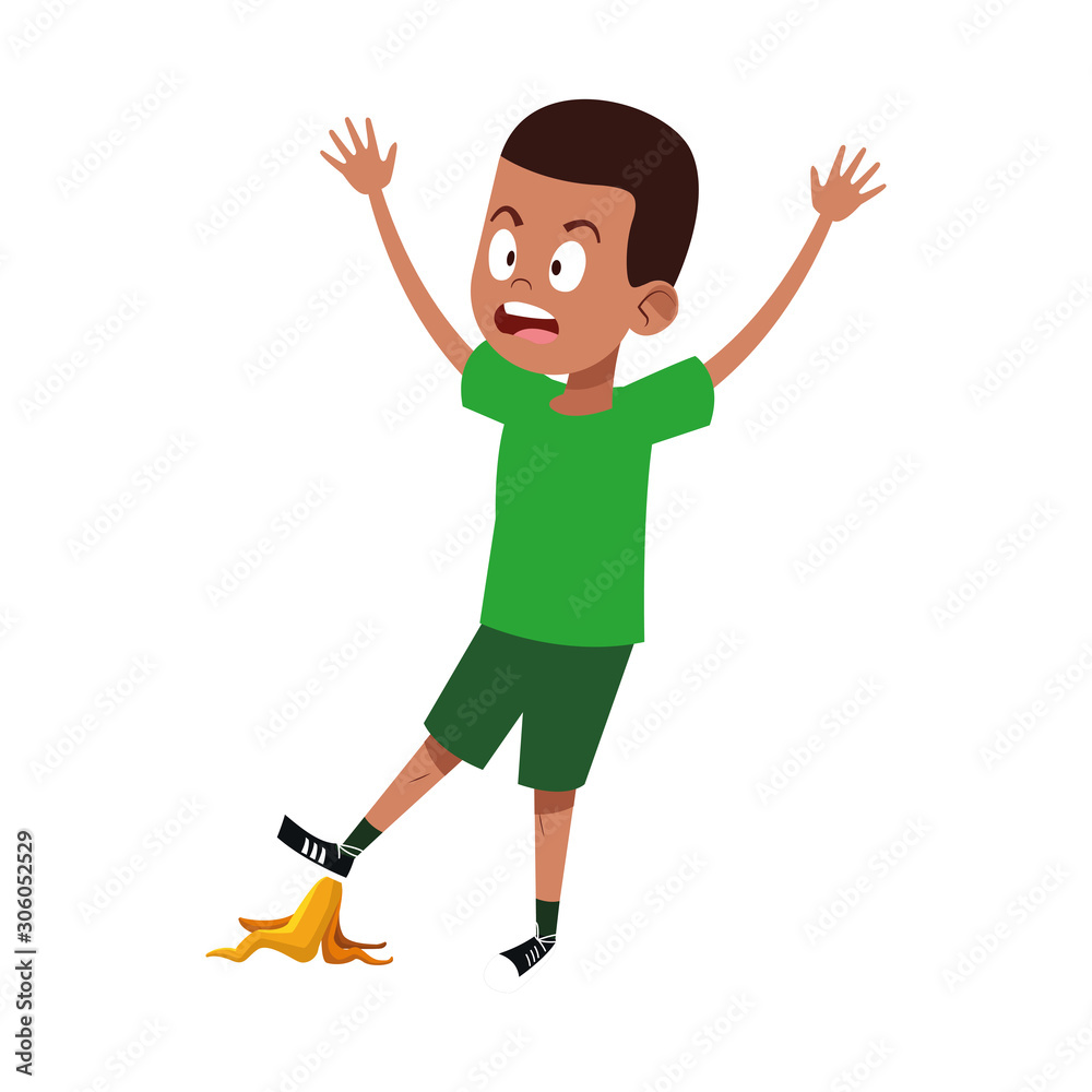 boy slips on banana peel icon, flat design boy slips on banana peel icon, flat design