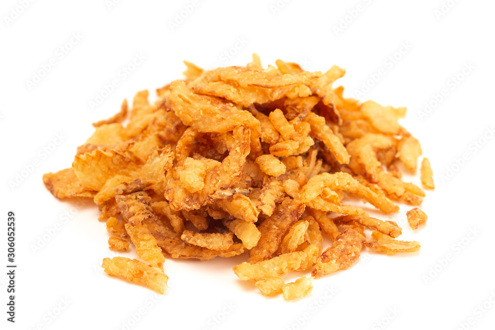 Fried Onions for Green Bean Casserole or Salad Garnish a White Background Fried Onions for Green Bean Casserole or Salad Garnish a White Background