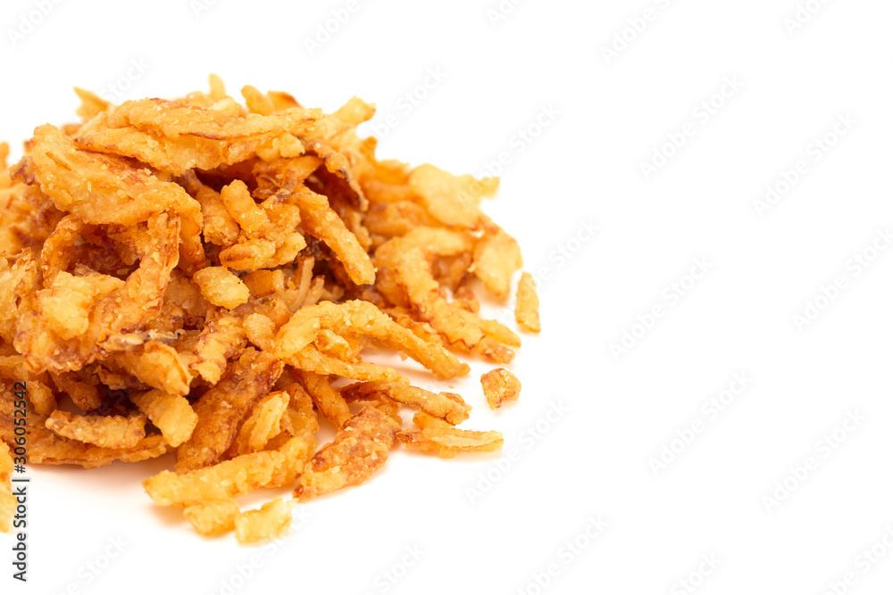Fried Onions for Green Bean Casserole or Salad Garnish a White Background Fried Onions for Green Bean Casserole or Salad Garnish a White Background