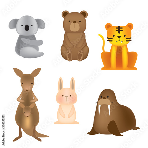 Cute animals, koala, bear, tiger, kangaroo, rabbit and sea lion.