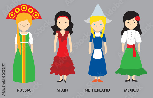 Women in national costume, Russia, Spain, Netherland and Mexico.