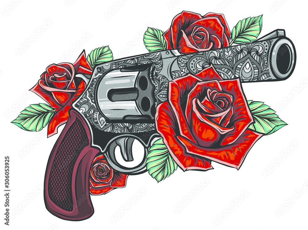 Illustration of Guns on the Flower and Ornaments Floral with Tattoo Drawing  Style Stock Illustration  Illustration of americana rose 129121672