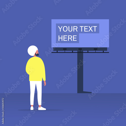 Your text here mockup, outdoor advertising, young indian male character looking at the large billboard construction