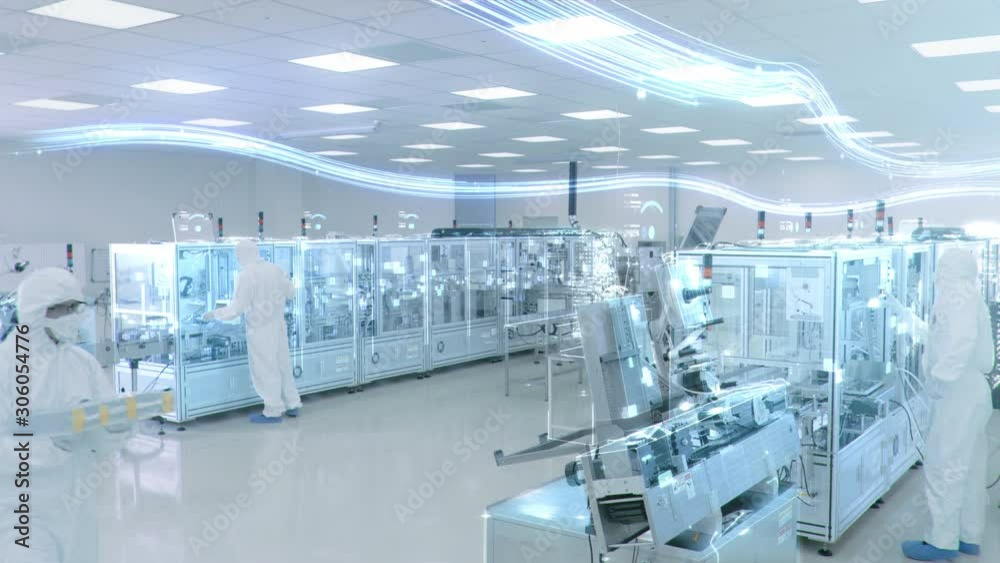 Manufacturing Facility Workers Assembling Products Using Industrial High Precision Machinery. Special Effects Animation: Digitalization of Factory
