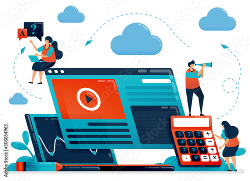 Accounting studies with e-learning. Business education and finance, learning technology, video learning, online financial consulting.Vector illustration, landing page, card, banner, brochure, flyer