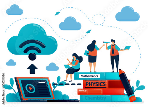 Online learning or e-learning with cloud internet database. Store schoolwork and textbook on laptops. Study modern education technology.Vector illustration, landing page, card, banner, brochure, flyer