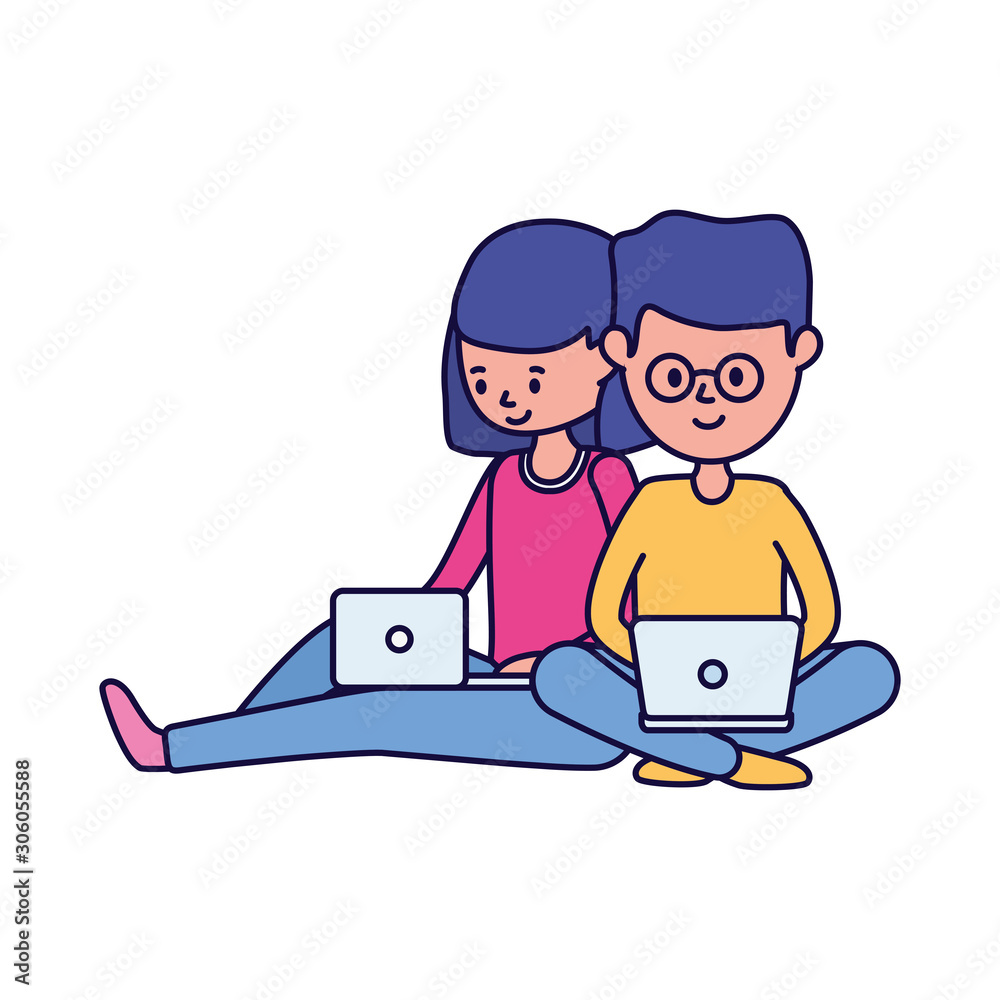 young students boy and girl with laptop learning online