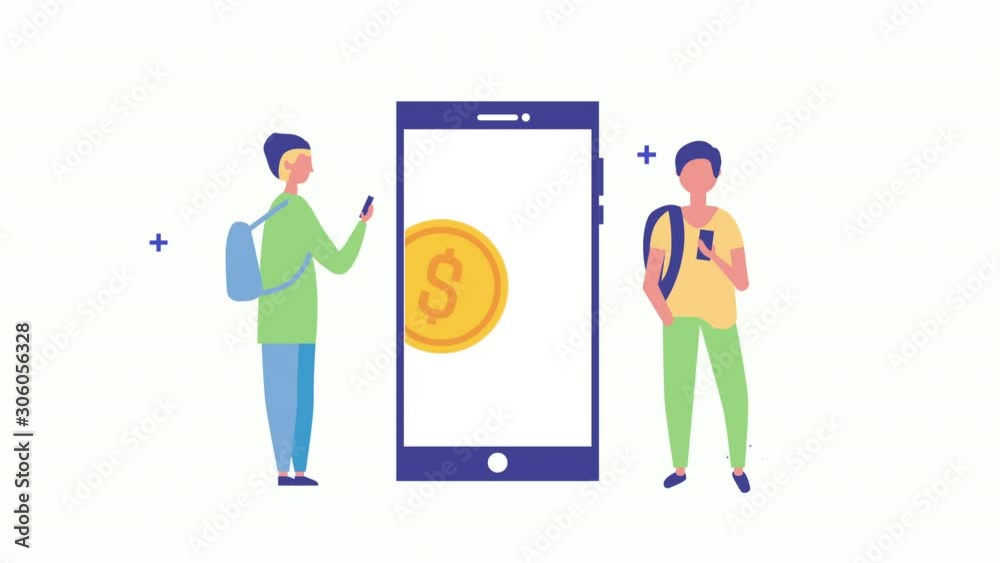 young men using smartphone with coin money young men using smartphone with coin money