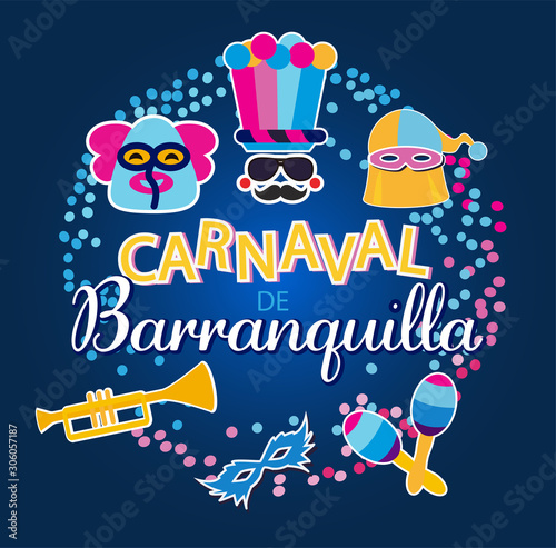 Carnival of Barranquilla, Colombia. Carnaval de Barranquilla with traditional unique masks vector illustration. photo