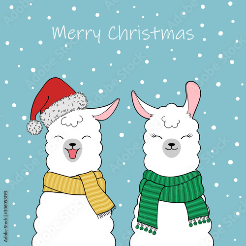 Christmas greeting card. Couple of cute cartoon llamas wearing a Santa Claus hat and knitted scarves. Hand drawn illustration