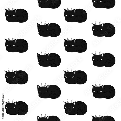 Vector seamless pattern with a black treacherous cat. Hand drawn print..