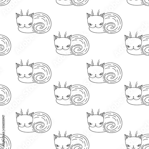 Vector seamless pattern with a treacherous cat. Hand-drawn print, background with animal..