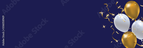 Creative Banner Design Celebration template. Realistic balloons of gold and white colors, studded with gold with sparkles and Glitter confetti. Copy Space text area. Vector illustration.