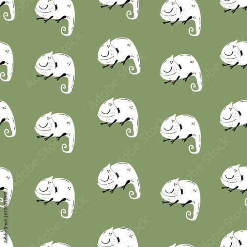 Vector seamless pattern with sleeping chameleon in hand drawn, Doodle style. Cute animal print. Wildlife..