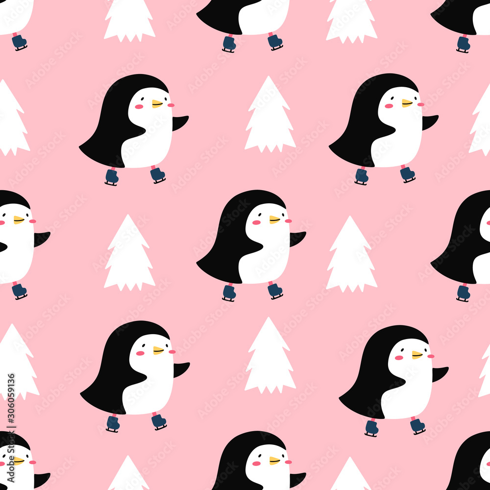Obraz premium Cute penguin on skates. Vector seamless pattern in Scandinavian, Doodle style. Print for children's design..