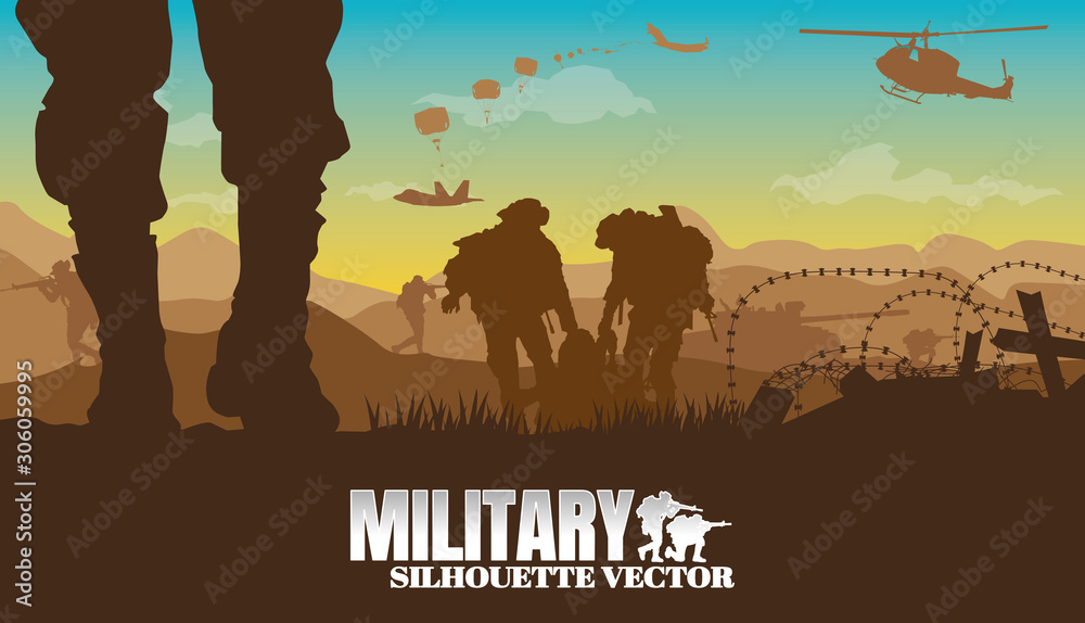 Naklejka premium Military vector illustration, Army background, soldiers silhouettes.