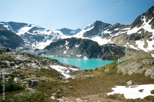 Turquoised-coloured wedgemount lake in Garibaldi provincial park