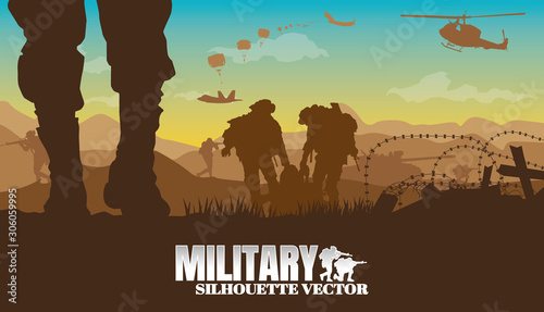 Military vector illustration, Army background, soldiers silhouettes.