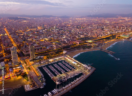 Aerial view from drones of coast in Barcelona and city center