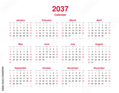 Calendar 2037 - 12 months yearly vector calendar in year 2037 - calendar template - planner calendar