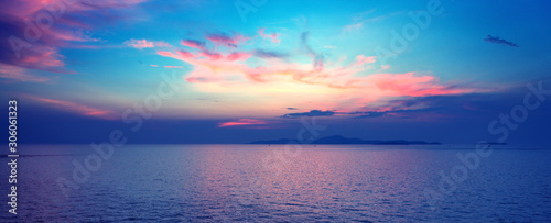 Panoramic dramatic tropical sunset on the sea