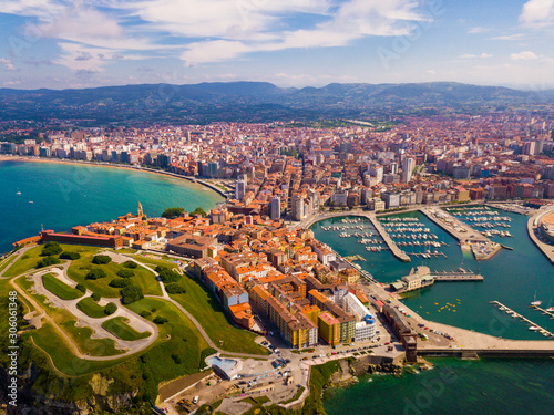 View from drone of Gijon overlooking of sports port