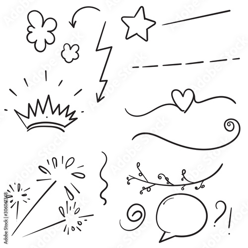 Hand drawn doodle elements black on white background. Arrow, heart, love, star, leaf, sun, light, flower, daisy, crown, king, queen,Swishes, swoops, emphasis ,swirl, heart, for concept design.vector