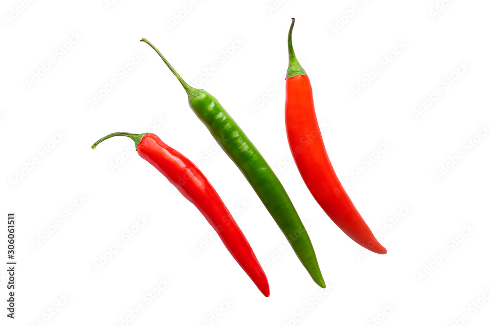 fresh red and green spicy chilli in isolated white background with clipping path