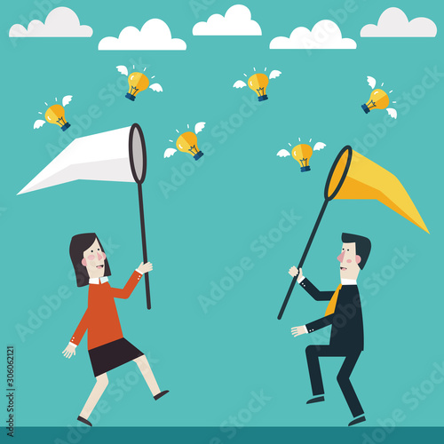 Business people try to catch flying idea