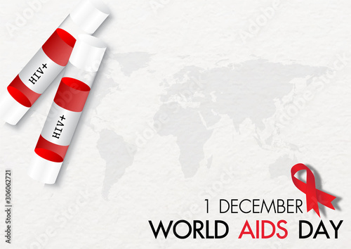 HIV blood in tubes with red ribbon and the day, name of event on world map and white paper pattern background with copy space for texts. Campaign poster of World AIDS Day in vector design.