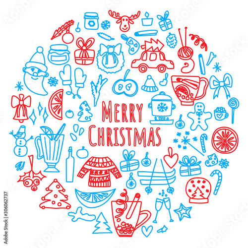Vector hand drawn doodle mega set of symbols and objects on a сhristmas theme