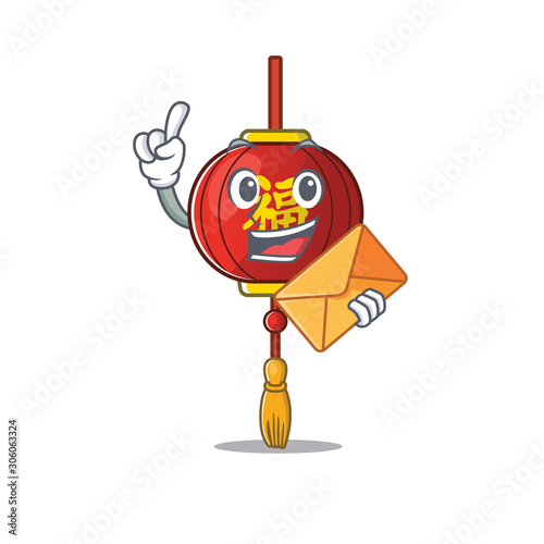 With envelope Happy face asian lantern mascot cartoon style