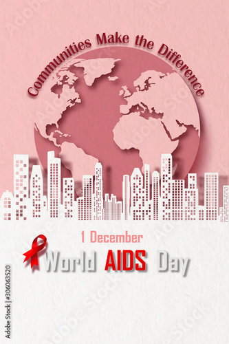 Landscape city buildings on the giant globes with slogan and the name of event on pink background. Campaign poster of World AIDS Day in paper cut style and vector design.