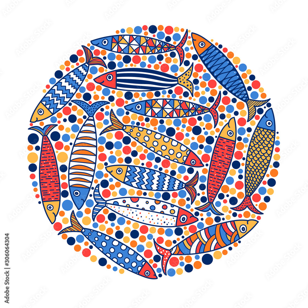 Cute fish card. Around motif with fish. Cute fish card. Around motif with fish.