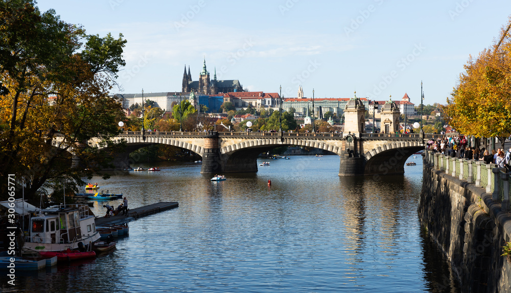 Prague, Czech Republic - October 13, 2019: Scenic view of the embankment of the Vltava river