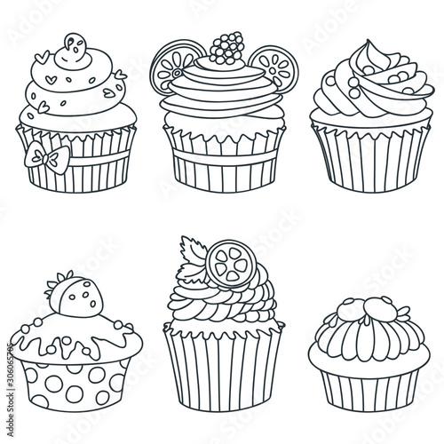 Set of cupcakes. Black-n-white Hand drawn illustration of cupcakes decorated with cream, raspberry, hearts, mint, citrus, blueberry and cookies. Isolated on white background. Vector 8 EPS.