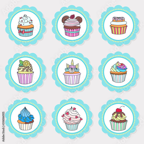 Set of cupcake toppers. Set of cupcake toppers for party with hand drawn illustration of cupcakes decorated with cream  donut  cherry  hearts  unicorn horn ets. Vector 8 EPS.