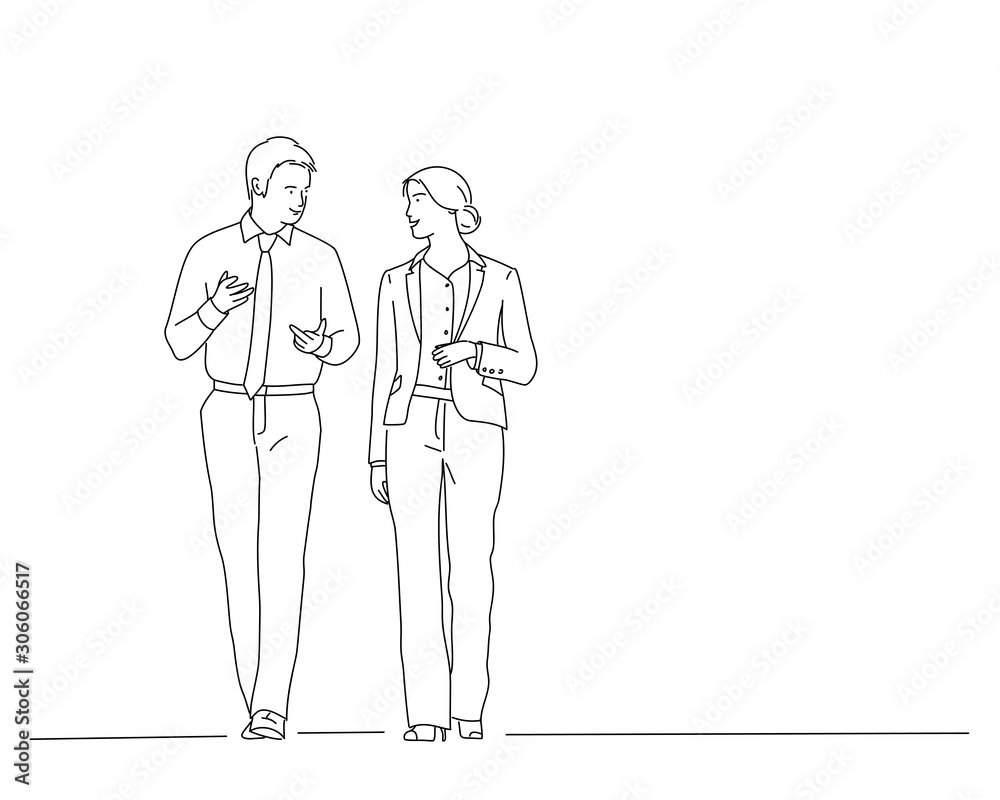 Sketch of businessmen. Discussion in the meeting. Line drawing vector illustration.