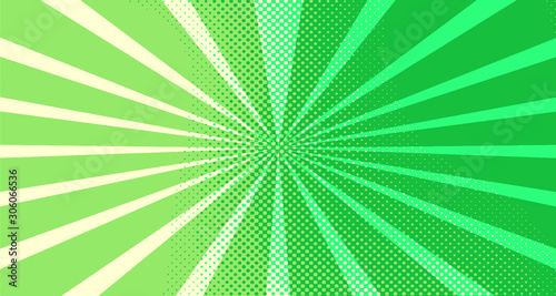 Vintage colorful comic book background. Green blank bubbles of different shapes. Rays, radial, halftone, dotted effects. For sale banner for your designe 1960s. Copy space vector eps10.