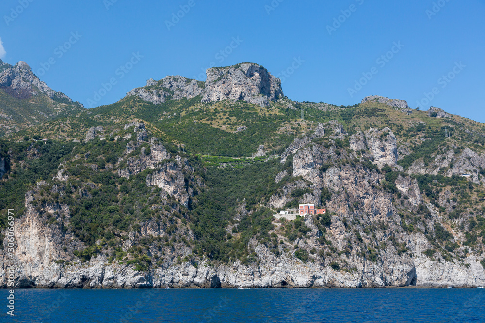 View from a ship on the coast of the Tyrrhenian Sea near the city of Salerno in Italy