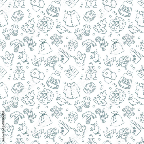 The monochrome pattern of winter objects: snowman, christmas tree, snowflake, sweater, etc. on white. Hand drawn illustration. Vector 8 EPS