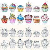 Set of cupcake icons. Doodle illustration of cupcakes decorated with cream, raspberry, hearts, cherry, citrus, blueberry and cookies. Two collections of colored and monochrome dessert icons. Vector 8 