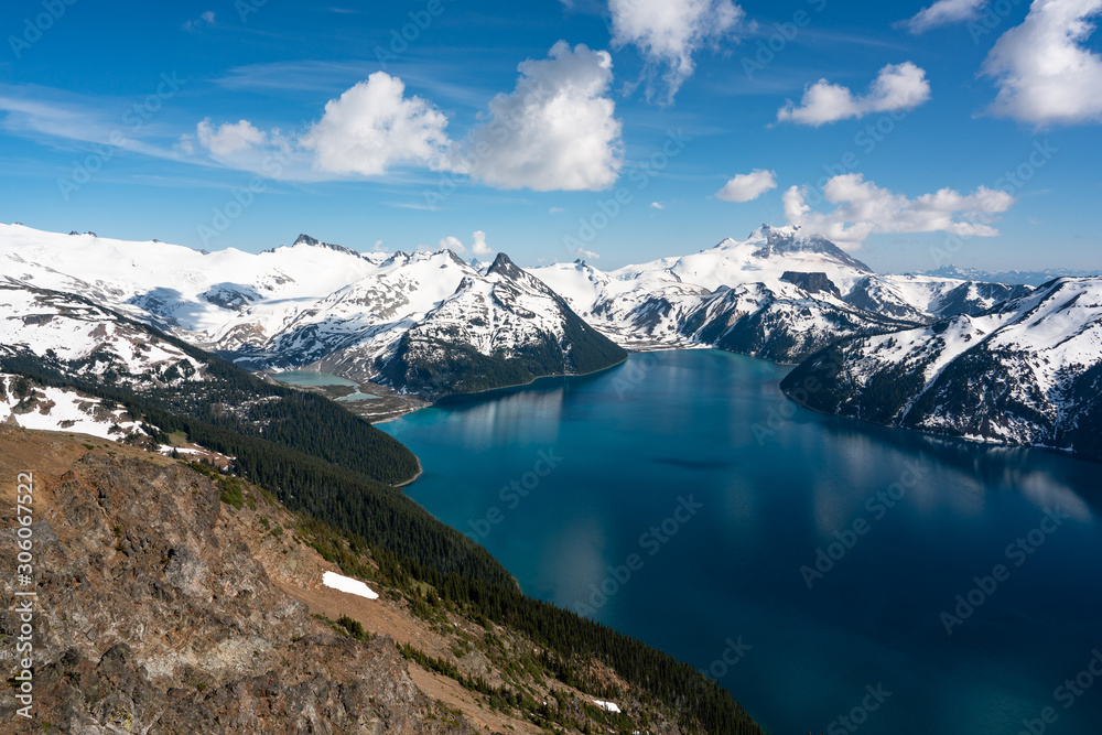 Panoramic view of turquoise coloured lake in Garibaldi provincial park, BC, Canada