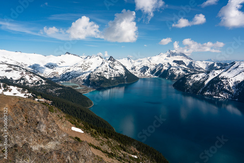 Panoramic view of turquoise coloured lake in Garibaldi provincial park  BC  Canada